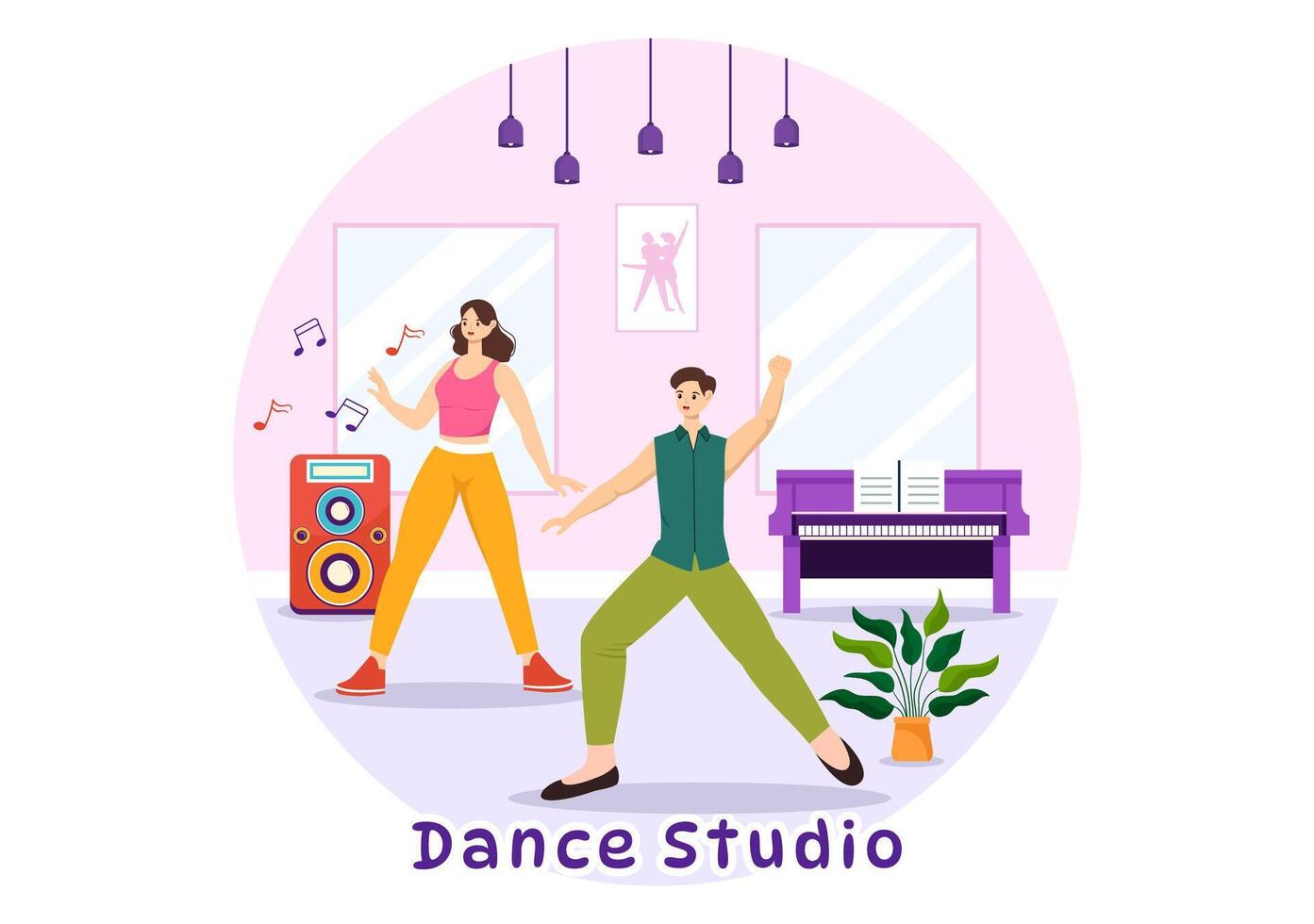 Dance Studio Vector Illustration with Dancing Couples Performing Accompanied by Music in Flat Cartoon Background Design