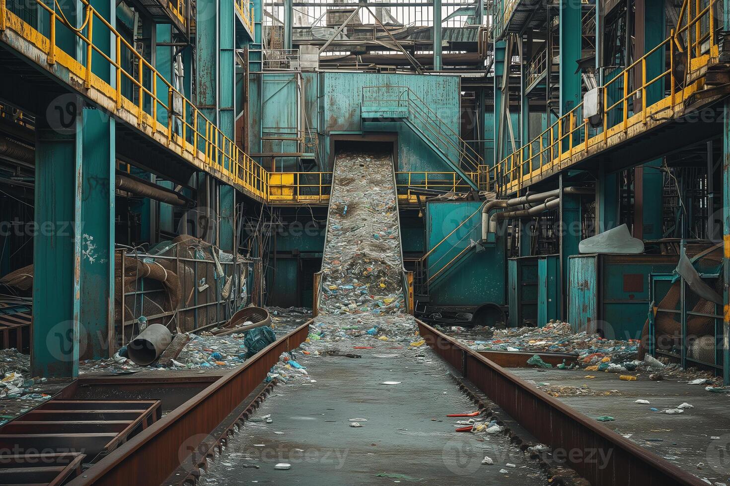 AI generated The interior of an industrial waste processing plant with a conveyor belt overflowing with garbage, depicting the stark reality of waste management challenges. photo