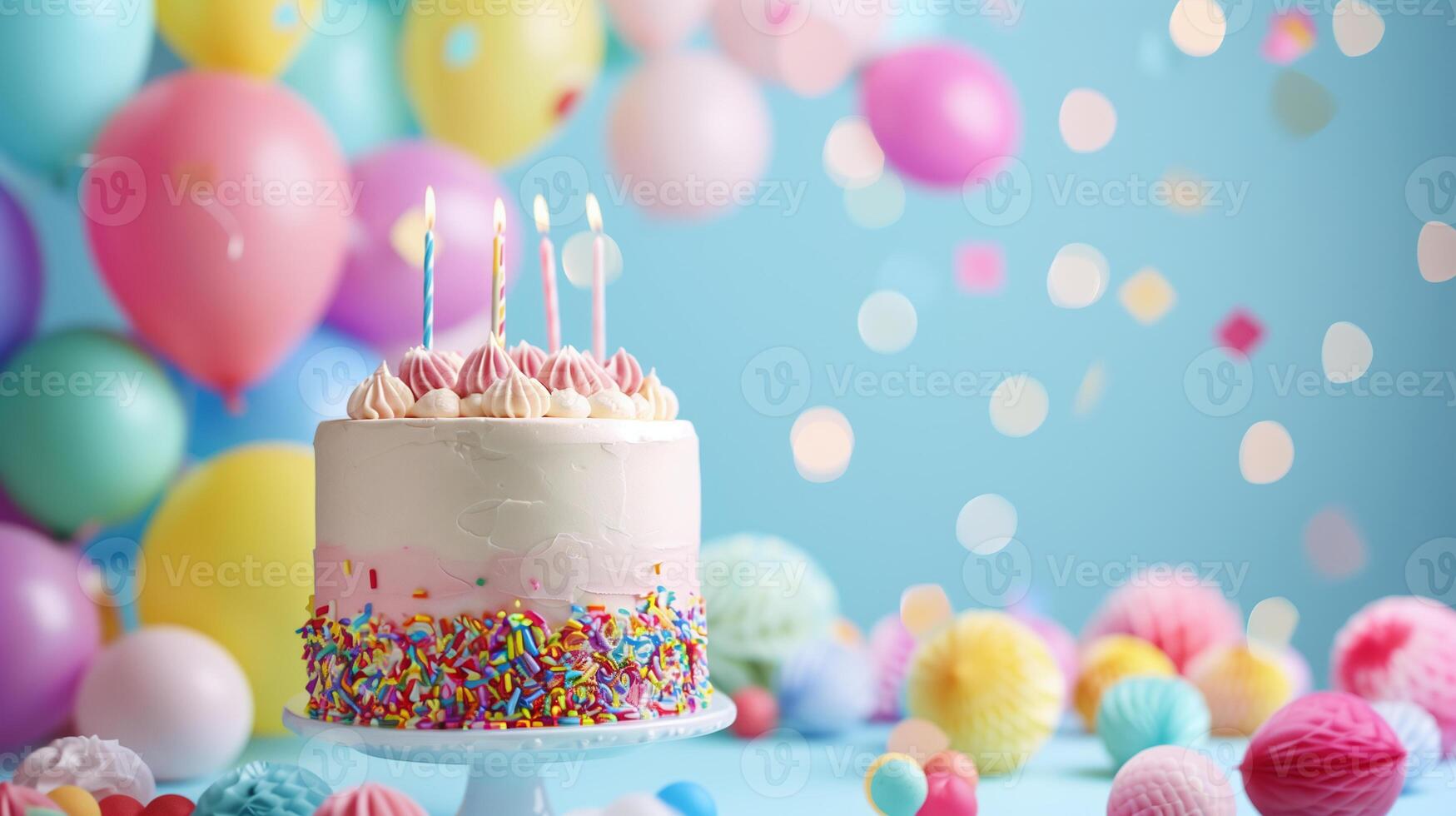 AI generated Banner Vibrant birthday cake with candles, colorful balloons, and party decorations for festive celebration background photo