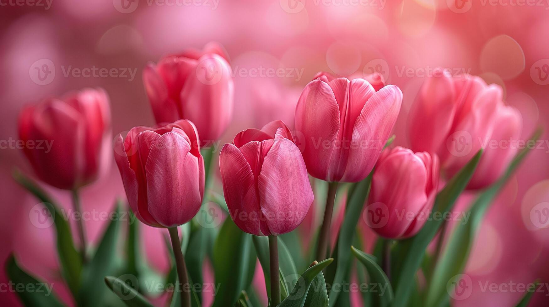 ai generado bandera vibrante rosado tulipanes ramo de flores fondo, Perfecto para de la madre día saludo tarjetas y primavera celebraciones, con suave bokeh efecto para elegante diseños foto