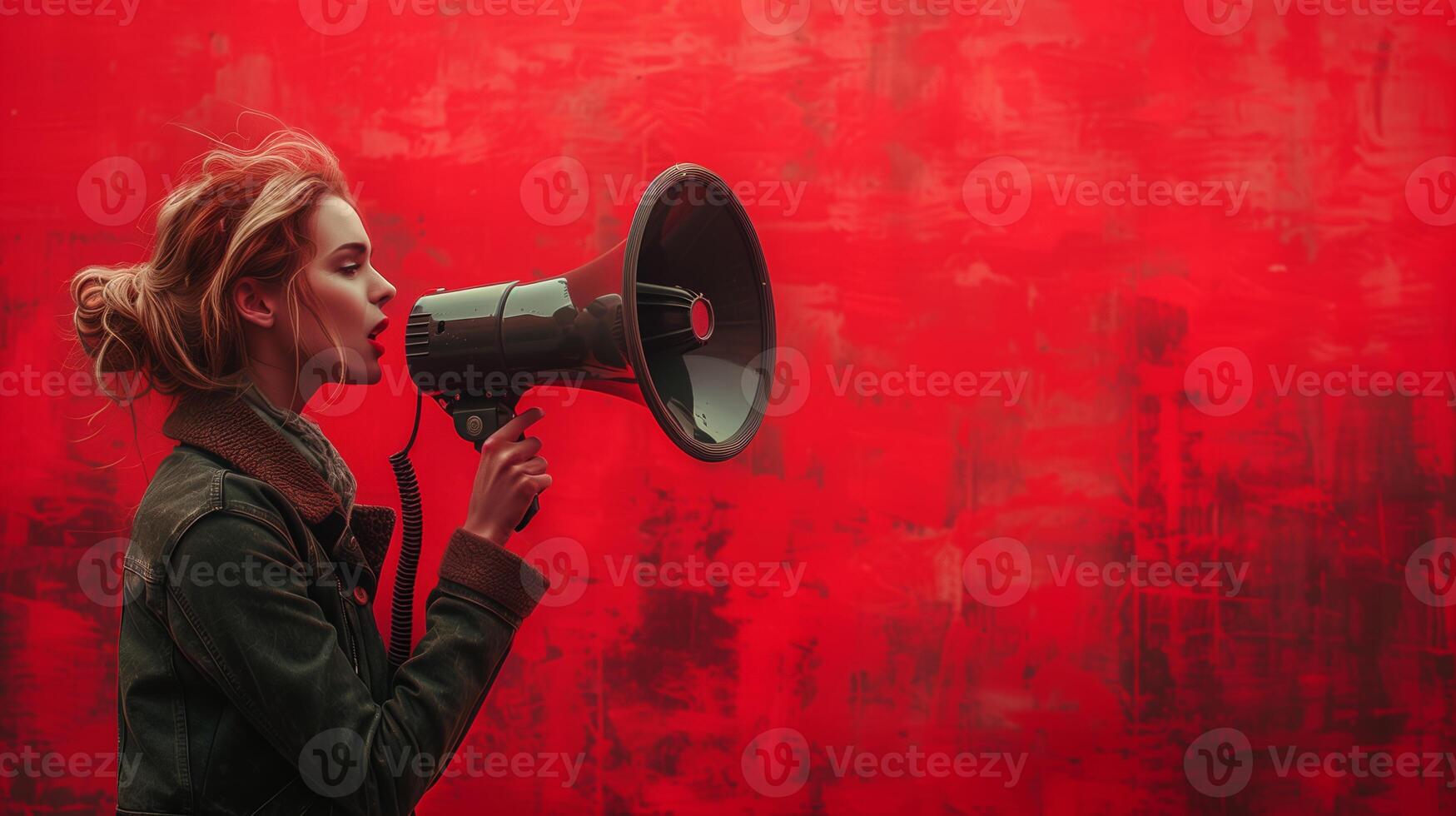 AI generated Woman with megaphone against red textured background, dynamic leadership concept, marketing and communication, vibrant activist image photo