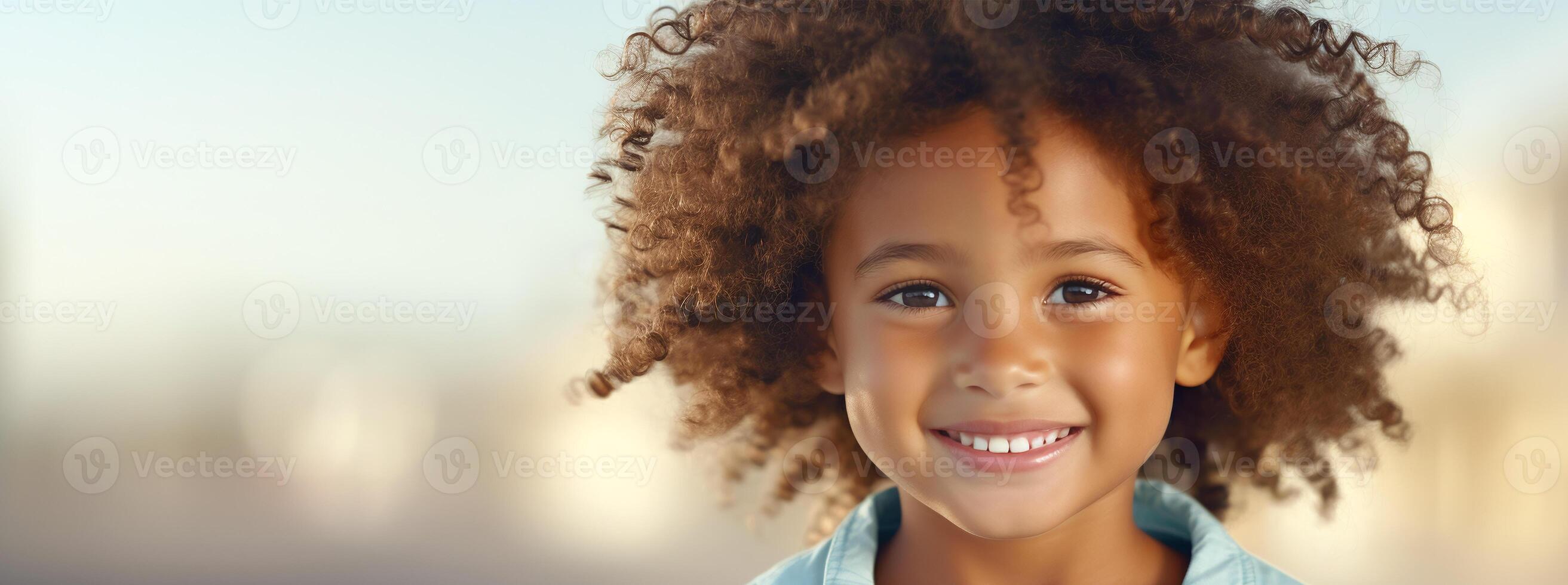 ai generado alegre niño con Rizado pelo y brillante sonrisa, de cerca en felicidad y inocencia, ideal para familia contenido foto