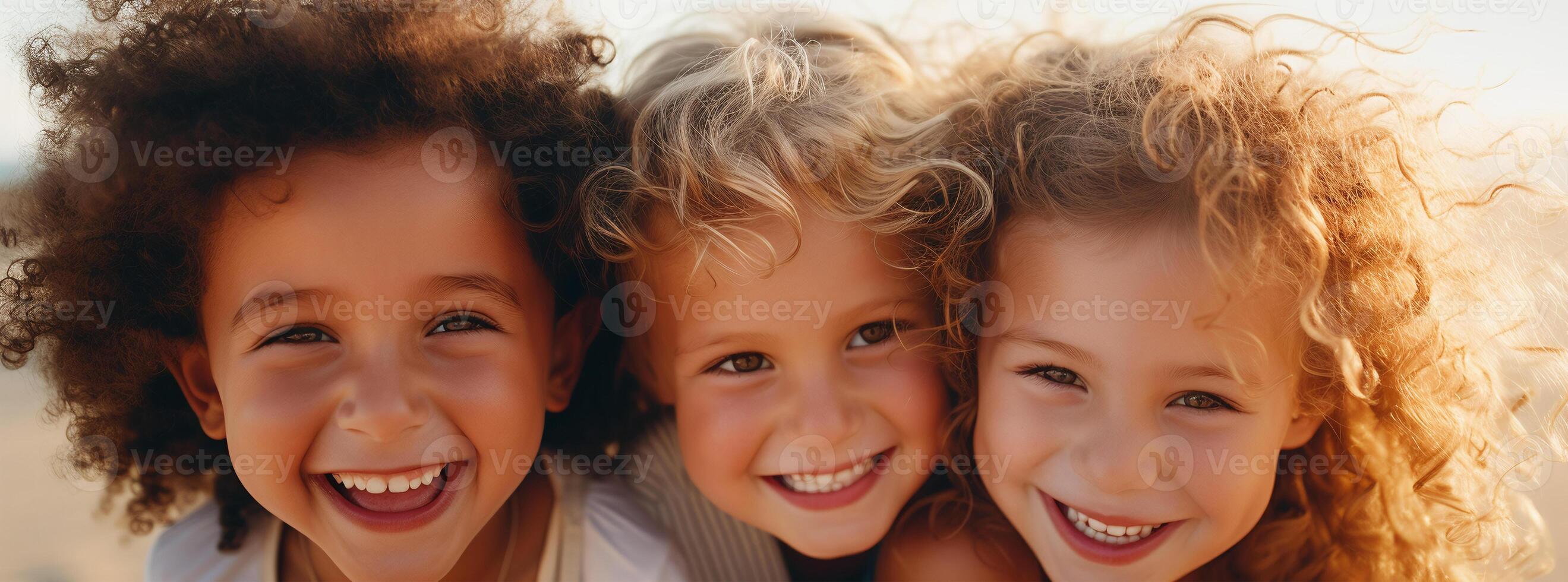 ai generado radiante niños con Rizado pelo compartiendo sonrisas en dorado luz, un retrato de felicidad y amistad foto