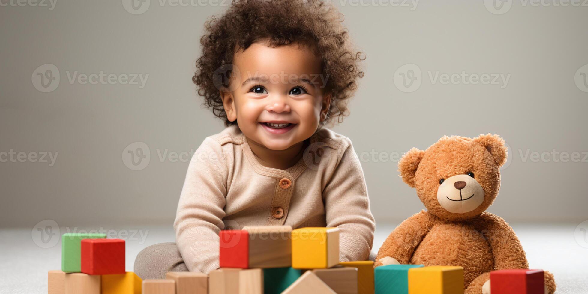 AI generated Happy toddler with toy blocks and teddy bear, playful child in nursery, baby development photo