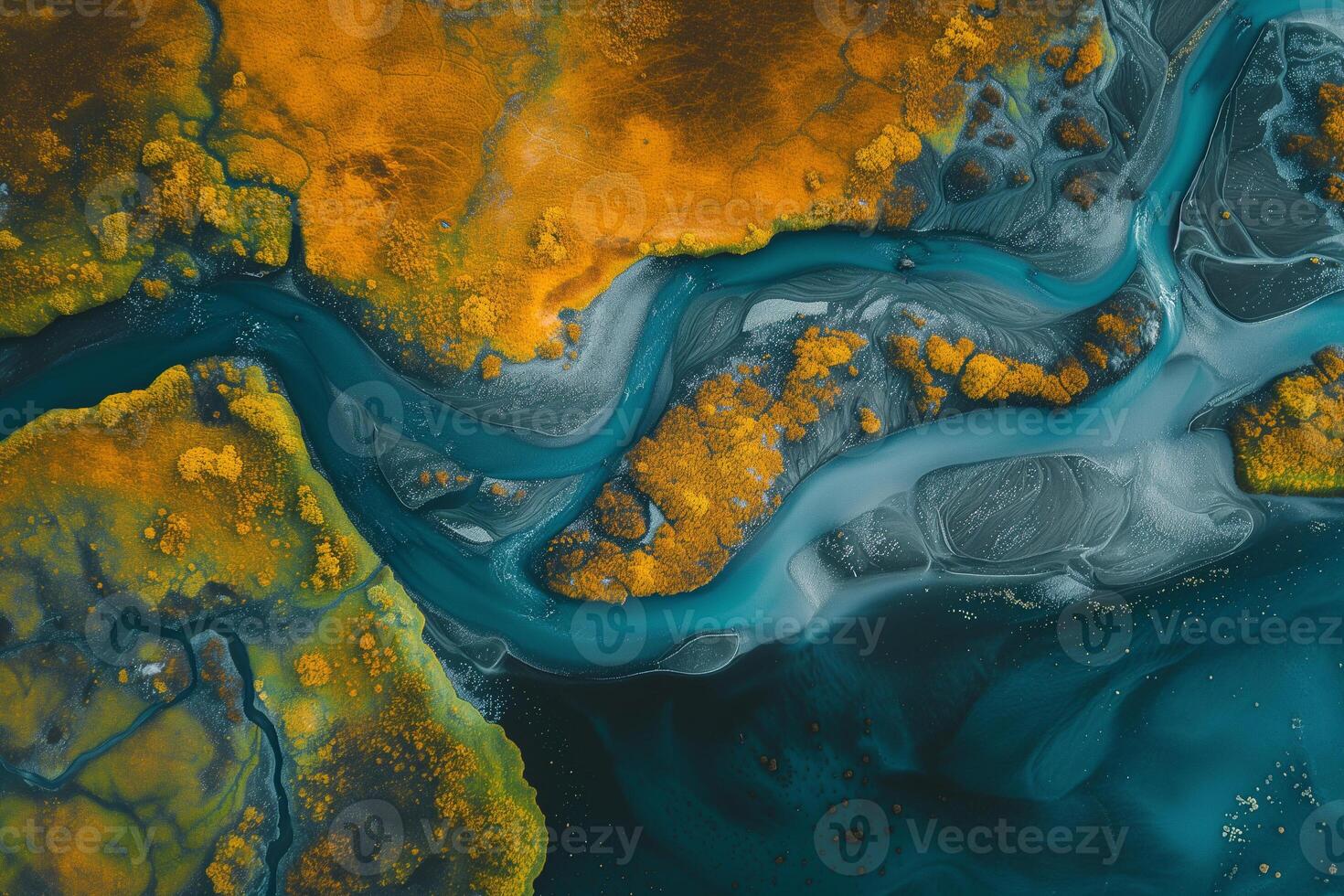 AI generated An aerial shot captures the surreal beauty of a river meandering through mineral-rich landscapes, characterized by a striking contrast of vivid yellow deposits and the dark photo