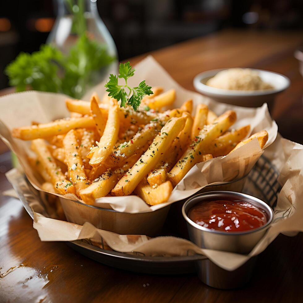 AI generated CRISPY FRENCH FRIES WITH KETCHUP ISOLATED IN A WOODEN TABLE photo