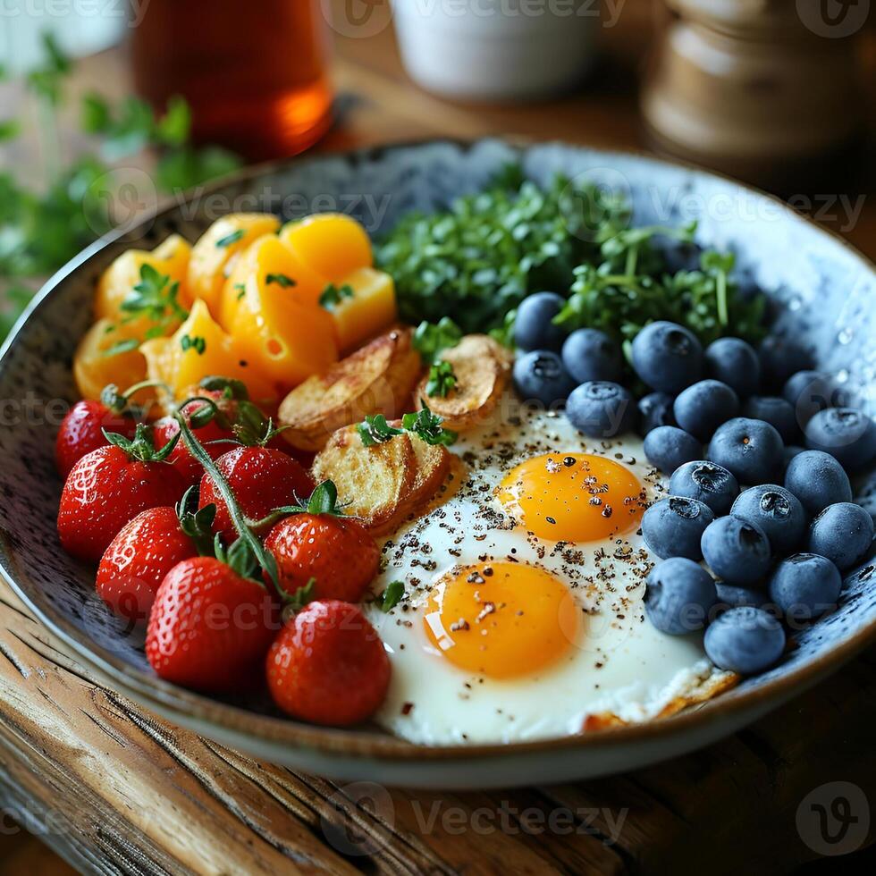 ai generado sano y delicioso Fruta cuenco para desayuno foto