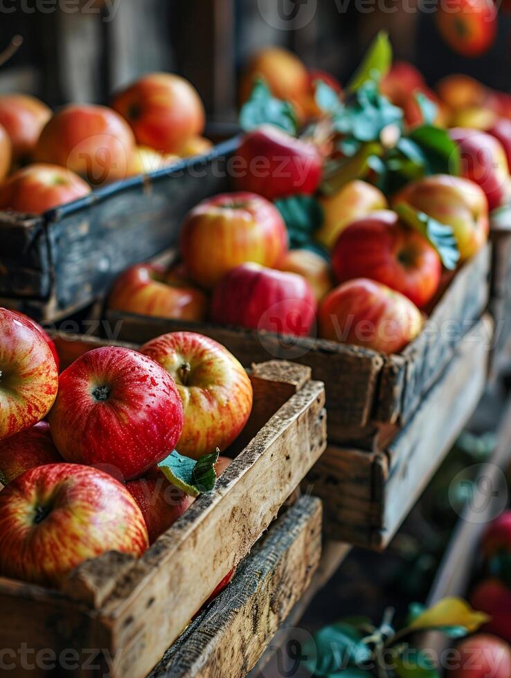 AI generated fresh red apples stored in wooden busket photo