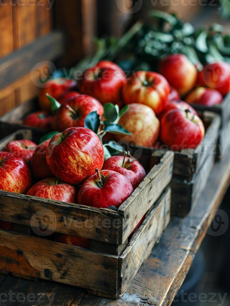 AI generated fresh red apples stored in wooden busket photo