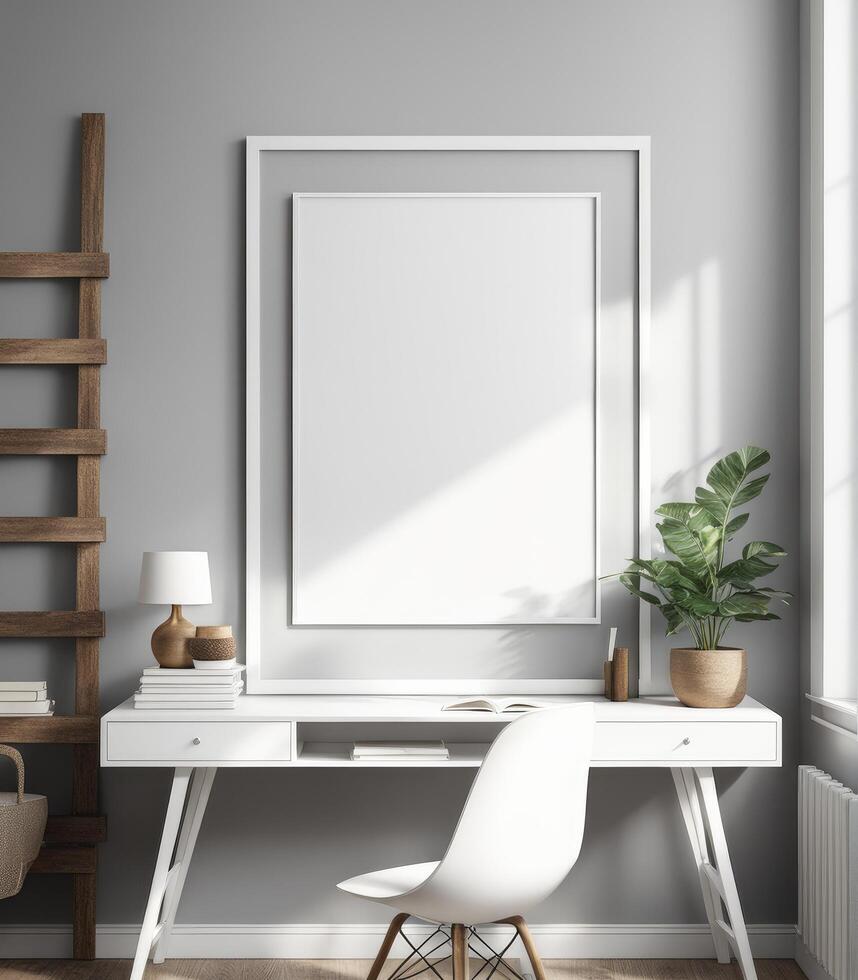 AI generated Mockup of a plain white frame in a study interior with rustic decor, 3d rendering photo