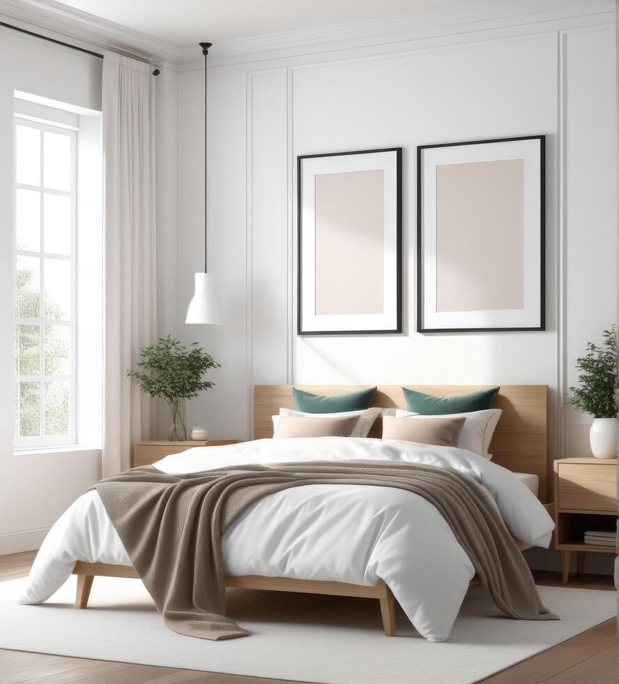 AI generated plain white frame in a cozy bedroom, 3d rendering photo