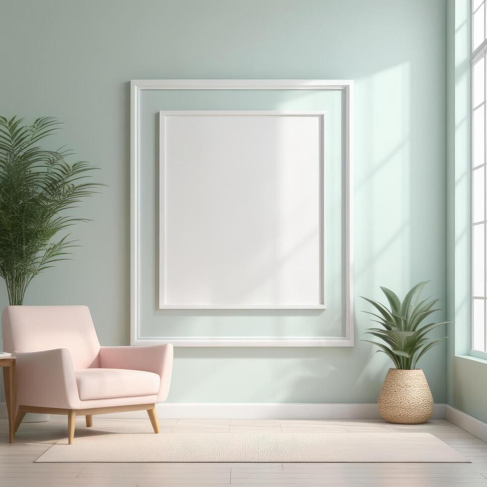 ai generado Bosquejo llanura blanco marco en interior fondo, habitación con ligero pastel colores, 3d representación foto