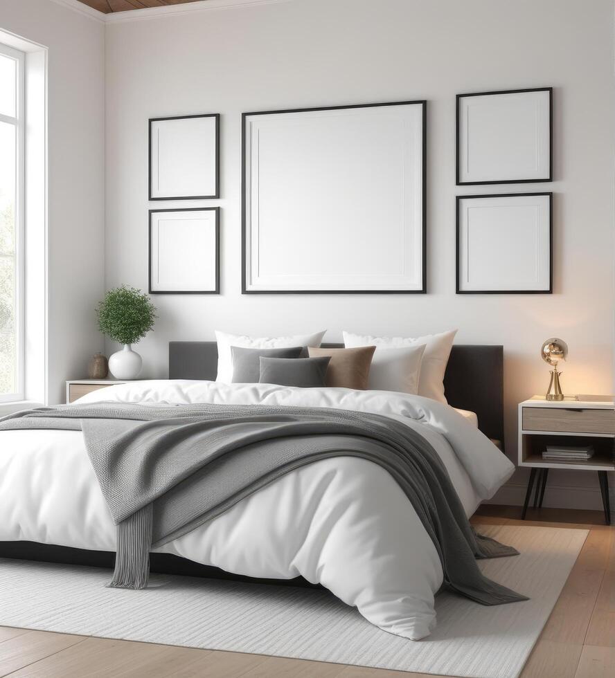 AI generated plain white frame in a cozy bedroom, 3d rendering photo