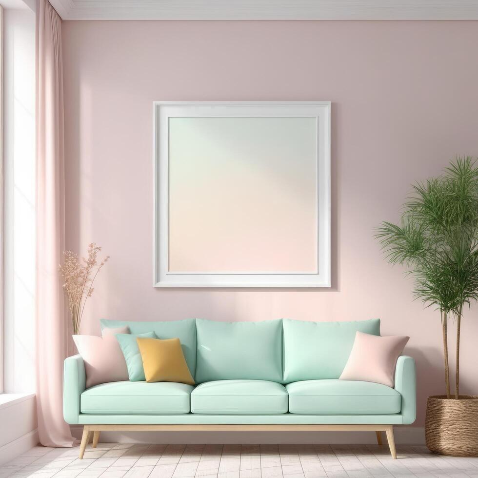 AI generated Mockup plain white frame in interior background, room with light pastel colors, 3d rendering photo