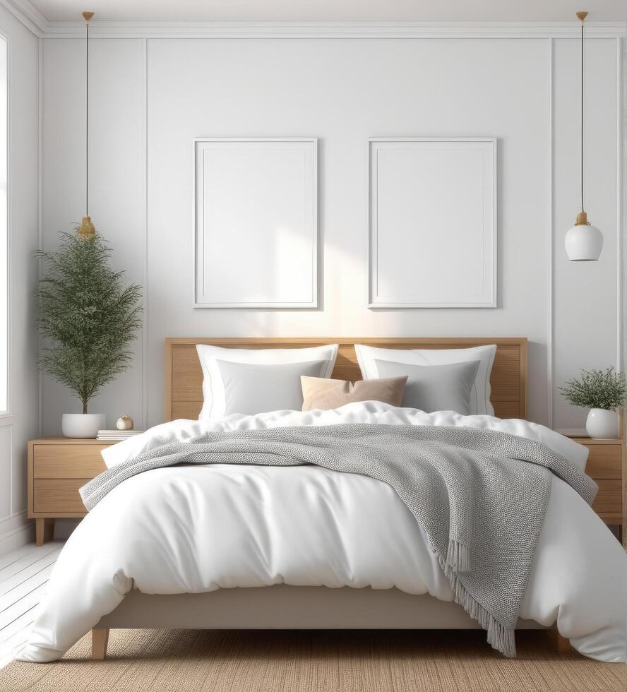 AI generated plain white frame in a cozy bedroom, 3d rendering photo