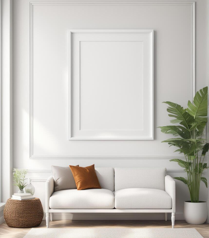 AI generated Mockup of a plain white frame in a study interior with rustic decor, 3d rendering photo