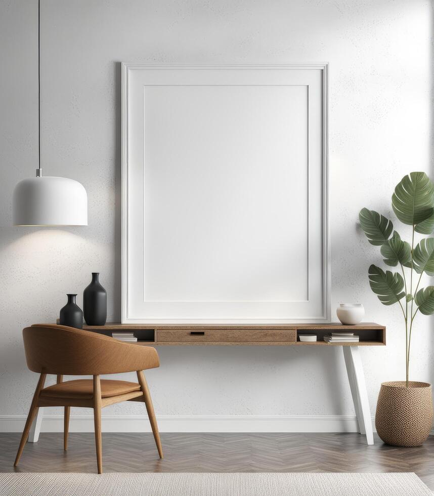 AI generated Mockup of a plain white frame in a study interior with rustic decor, 3d rendering photo