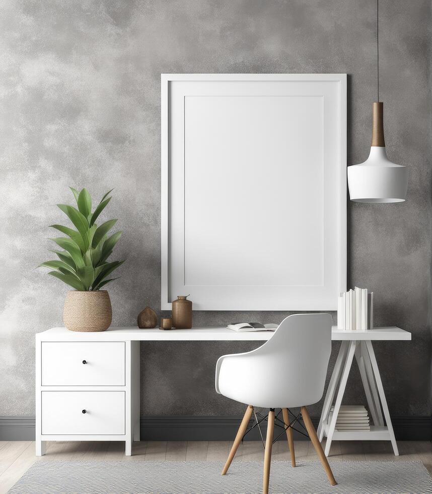 AI generated Mockup of a plain white frame in a study interior with rustic decor, 3d rendering photo