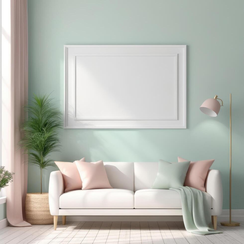 AI generated Mockup plain white frame in interior background, room with light pastel colors, 3d rendering photo