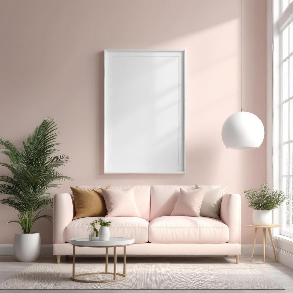 AI generated Mockup plain white frame in interior background, room with light pastel colors, 3d rendering photo