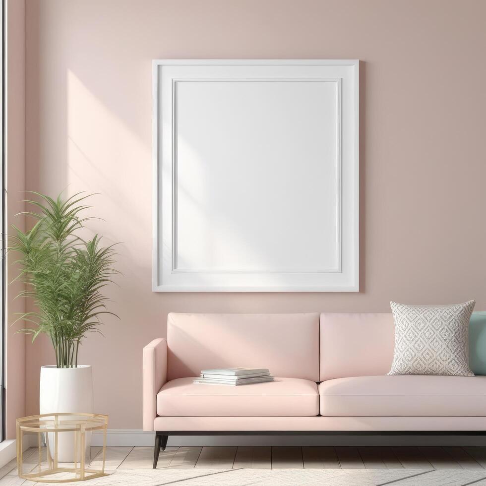 AI generated Mockup plain white frame in interior background, room with light pastel colors, 3d rendering photo