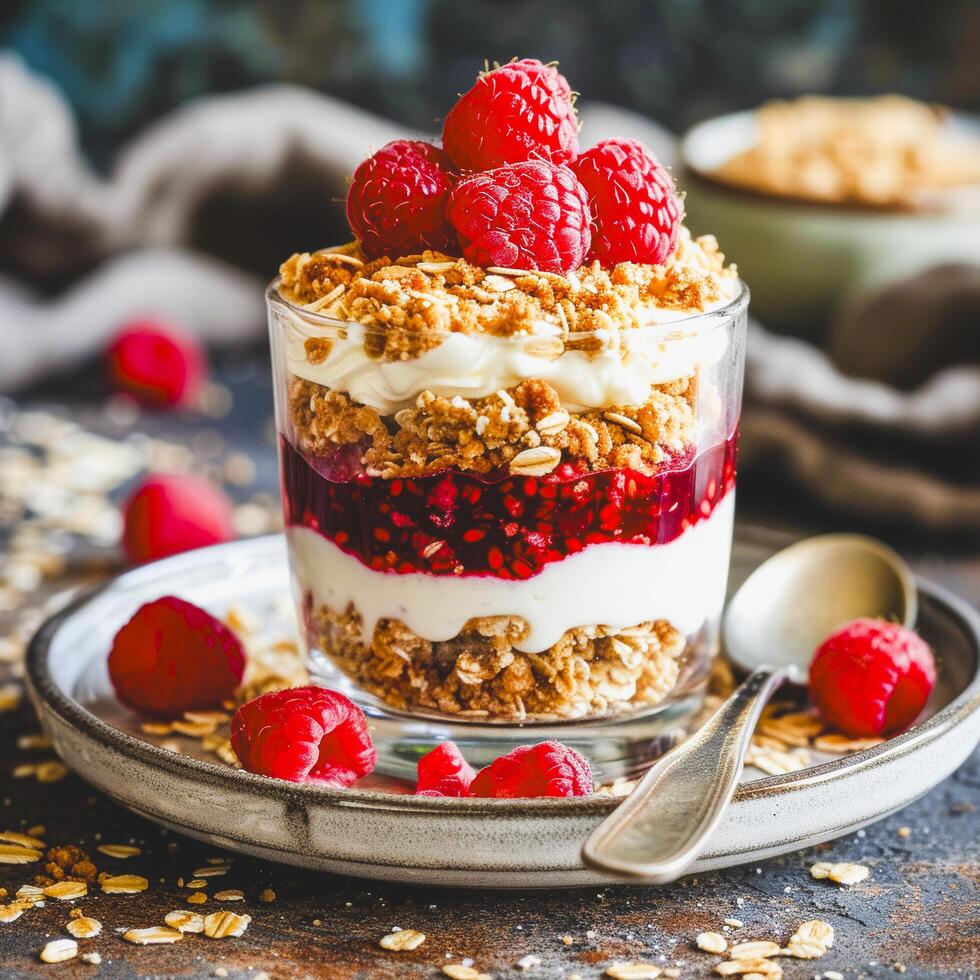 ai generado en capas frambuesa yogur parfait en vaso foto