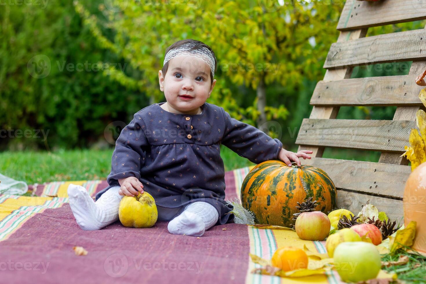 the little child playing in the park with fruits, little girl in the autumn park photo