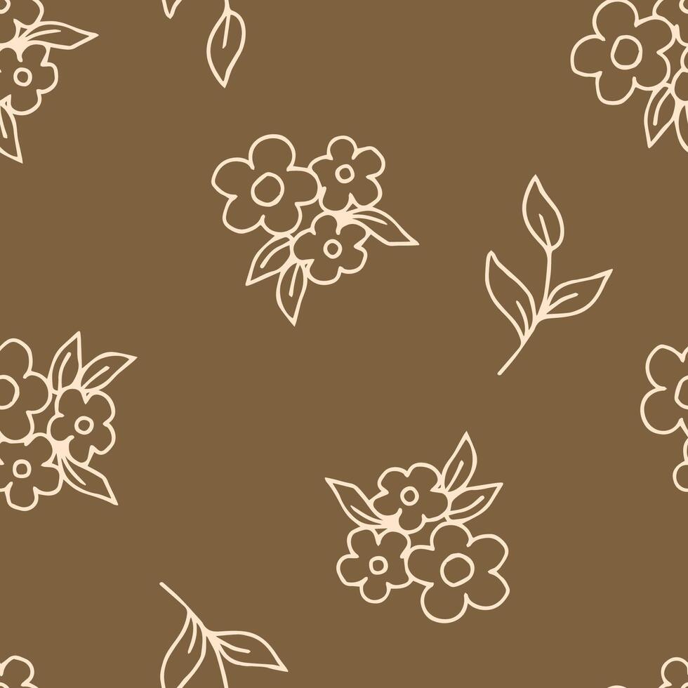 Simple light tender floral vector seamless pattern in rural style. Hand-drawn pink outline of small bunches of flowers on a brown-ocher background. For prints of fabric, textile products, wallpaper.