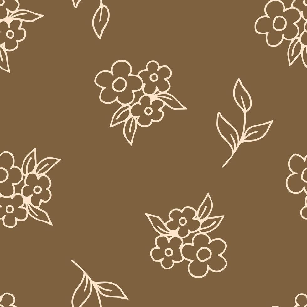 sencillo ligero oferta floral vector sin costura modelo en rural estilo. dibujado a mano rosado contorno de pequeño racimos de flores en un marrón-ocre antecedentes. para huellas dactilares de tela, textil productos, fondo de pantalla.