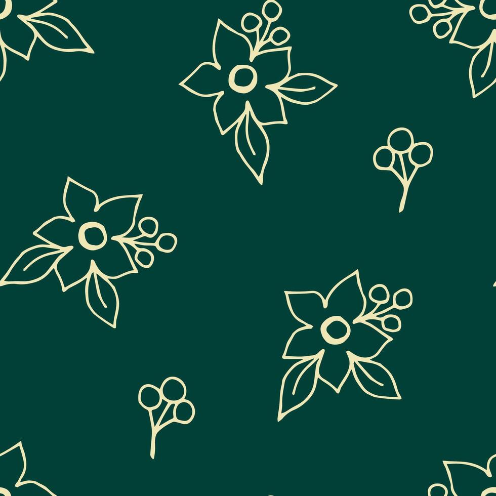 Simple calm gentle floral vector seamless pattern in rural style. Hand drawn light outline small bouquets of flowers, berries on a dark green background. For printing on fabric, textile products.