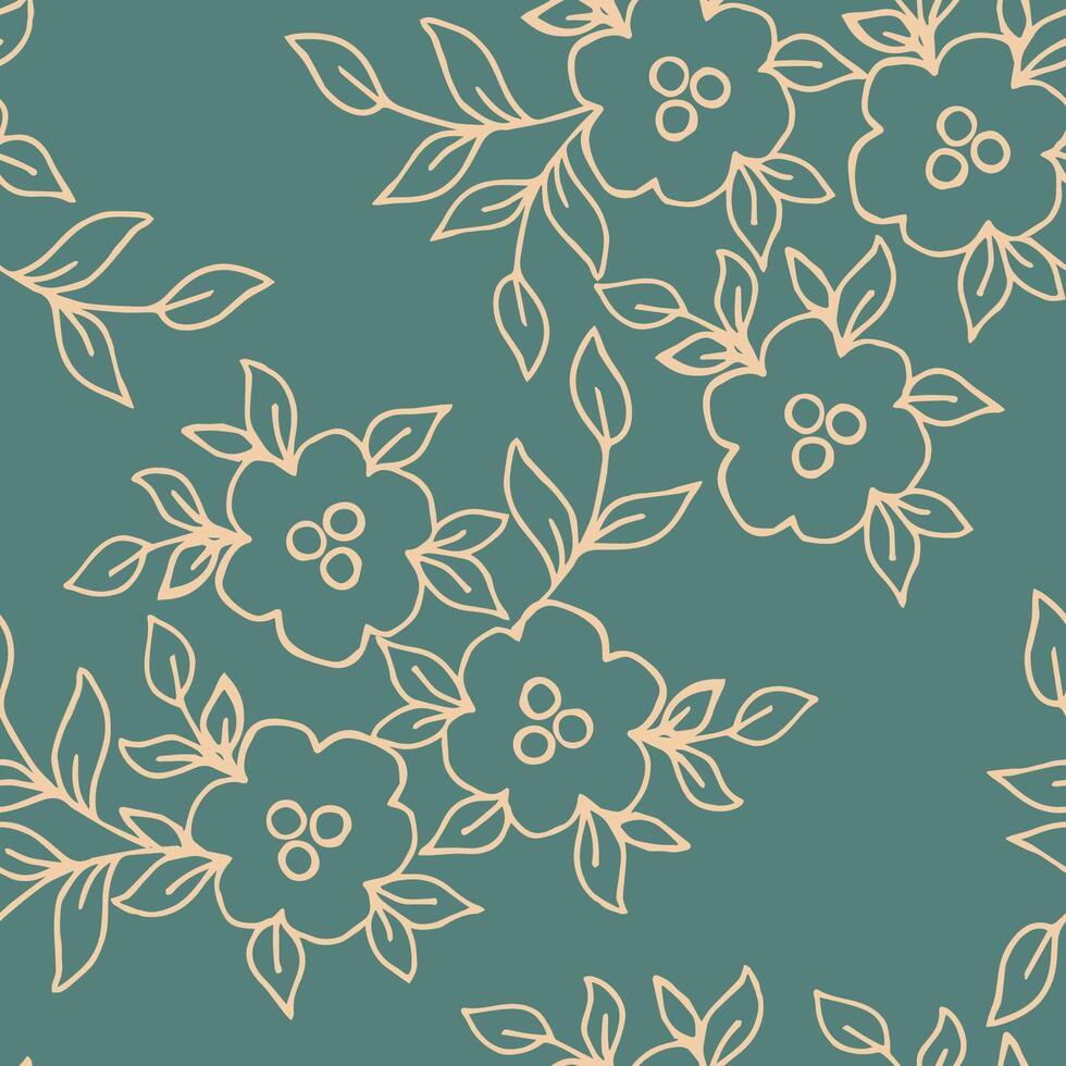 Gentle calm floral seamless vector pattern in vintage style. Hand-drawn light pink outline of small flowers, bouquets on a blue green background. For prints of fabric, clothing, textile products.