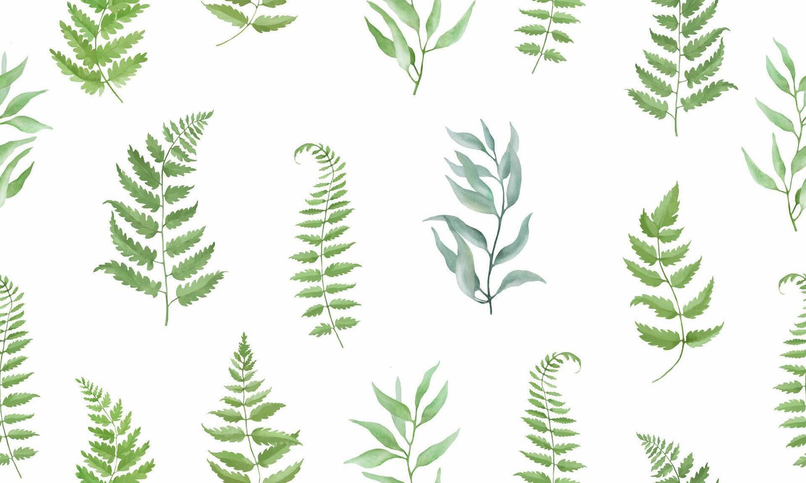 Seamless watercolor pattern with fern, eucalypt. Hand drawn illustration isolated on white background. Vector EPS.