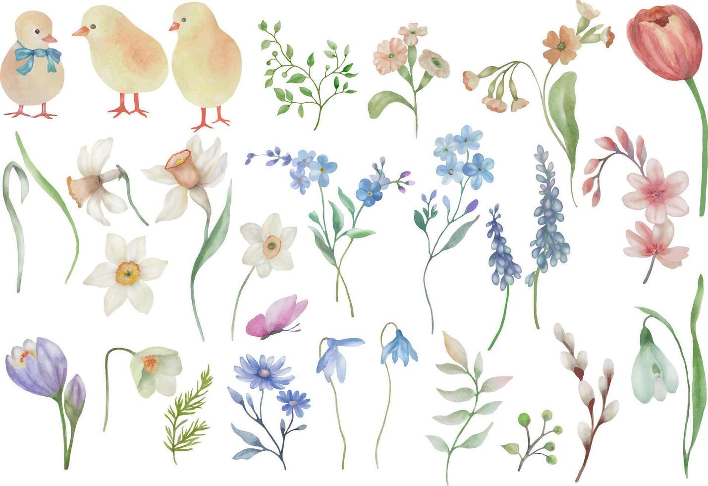 Watercolor Easter set. Hand drawn illustration isolated on transparent background. Vector EPS.