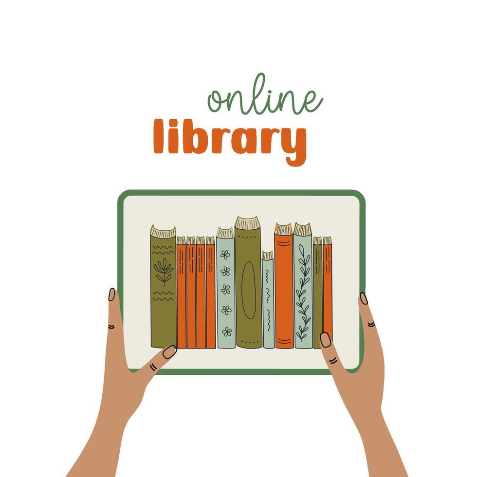 Online library, distance education and modern technology concept. Human hands holding tablet, e-books on the screen. literature in electronic type for learning and reading. Vector illustration.