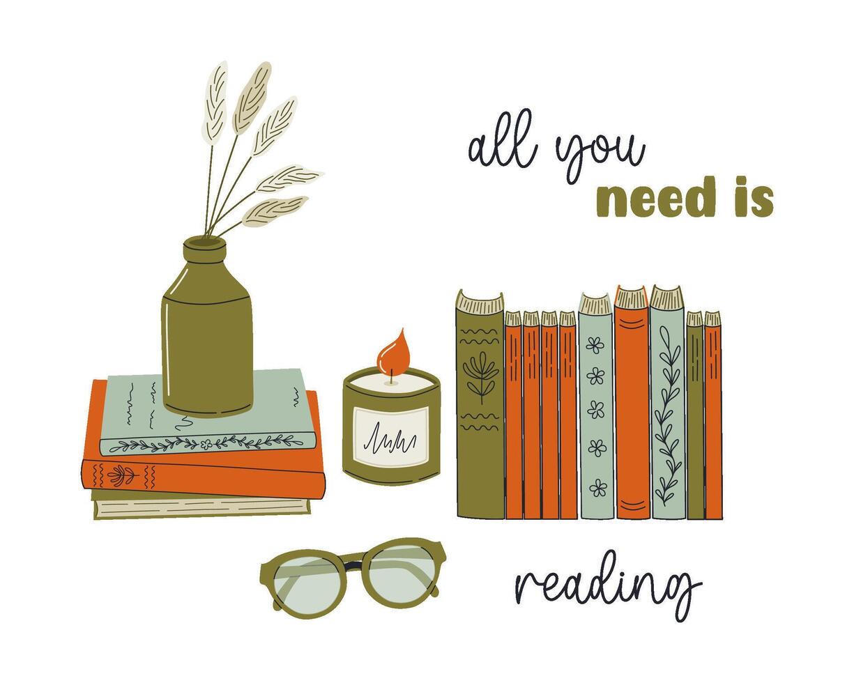 Book stacks. Cozy home interior with a lot of books, plant and aroma candle. All you need is reading. World Book Day. Retro style hand drawn vector illustration.