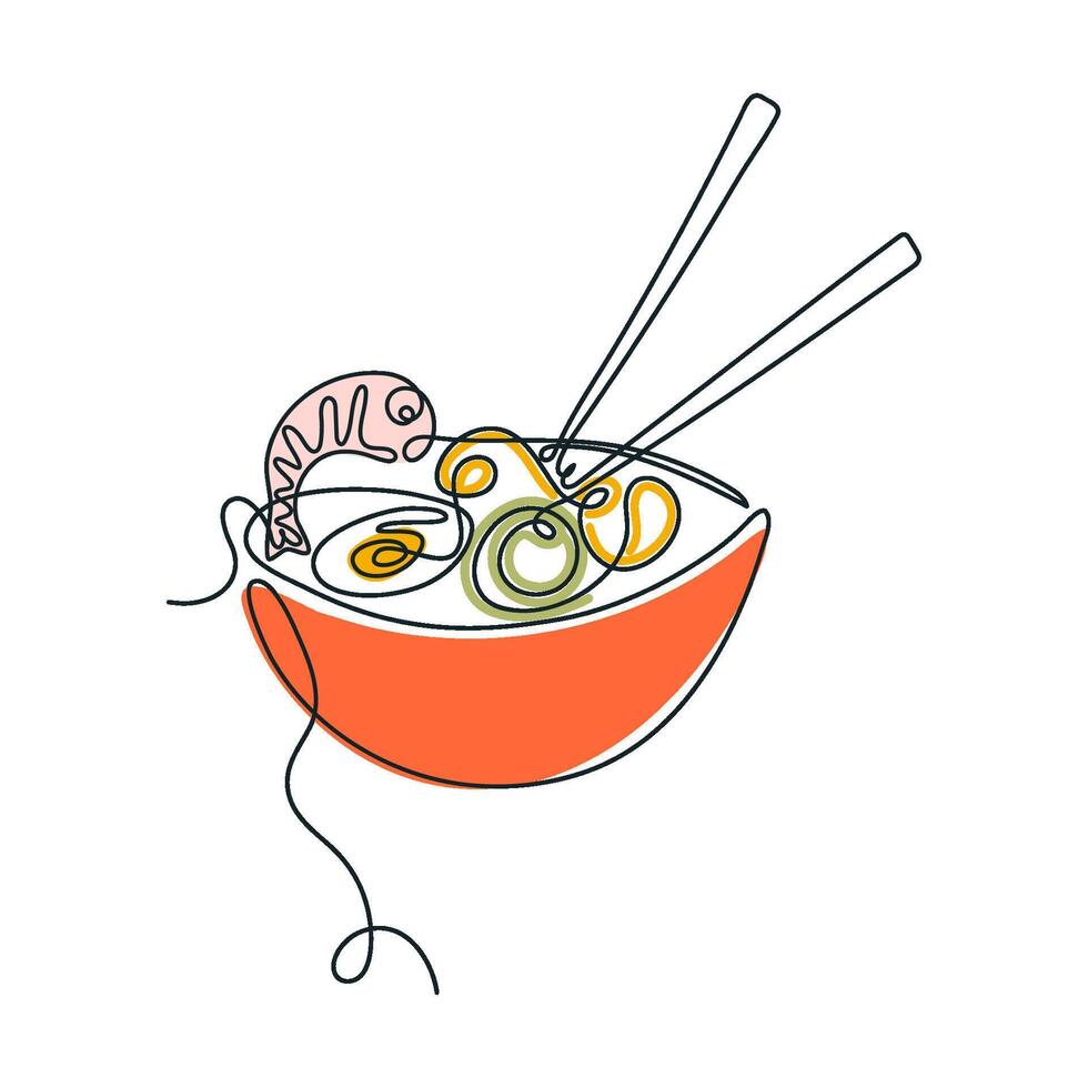 línea Arte dibujo camarón ramen tradicional asiático alimento. mano dibujado vector ilustración.
