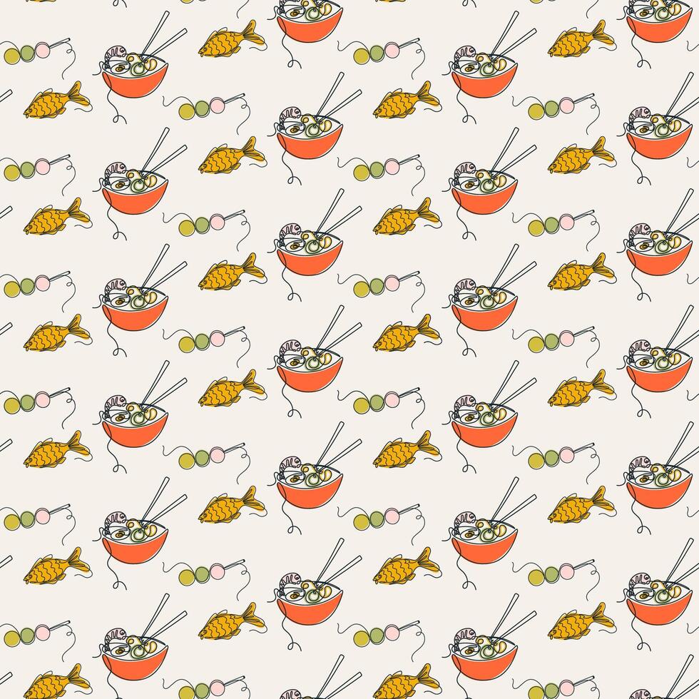 Seamless pattern with Asian food. Line art style Japanese dishes. Continuous line drawing ramen, mochi, taiyaki. Vector illustration for paper, textile print, scrapbook.