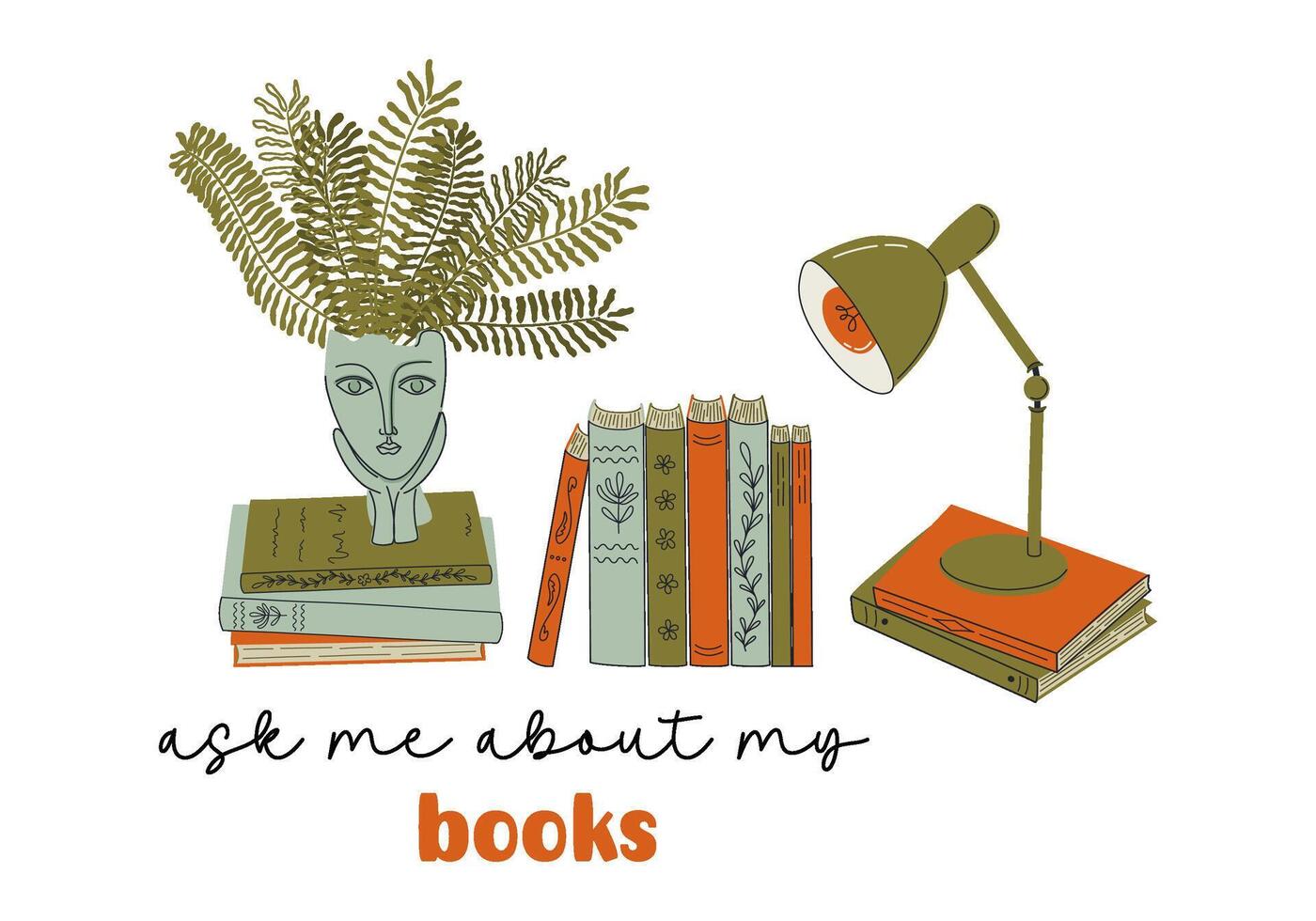 Book piles, houseplant, table lamp. Home library. Literature and education theme. Hand drawn retro style vector illustration. Flat design. Ask me about my books.