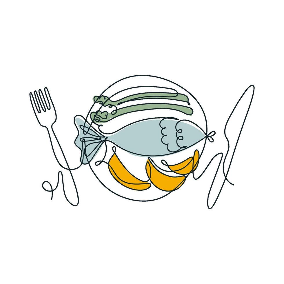 Simplified image of tasty meal. Dinner in line art style. Prepared fish, potatoes, asparagus on a plate. Outline vector illustration for menu, design, flyer.