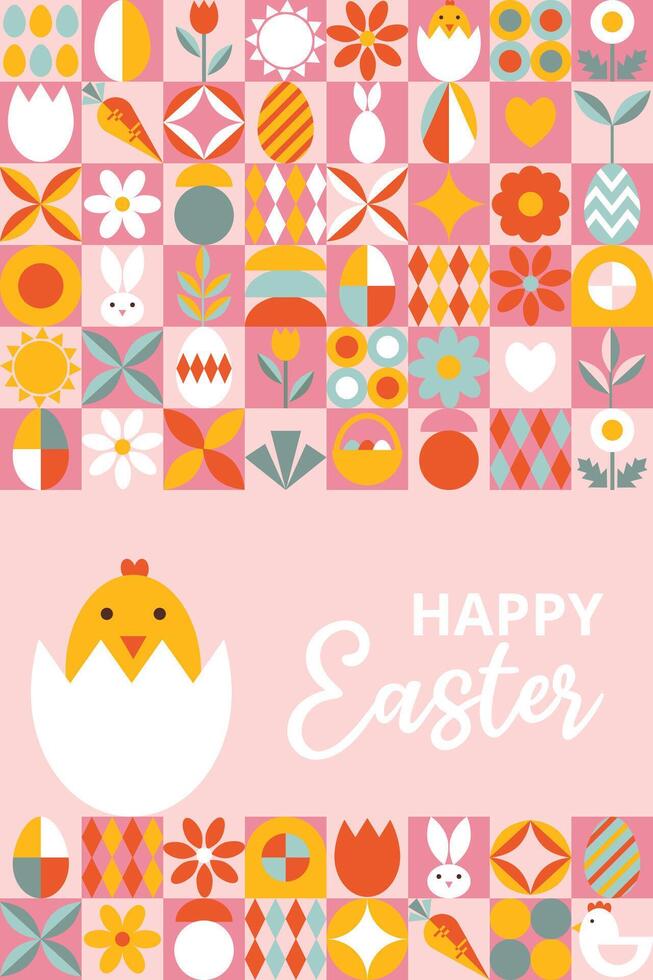 Bright greeting card for Happy Easter with text. Trendy design with simple geometric shapes. Icons with eggs, bunny, flowers, nestling. Bauhaus style. Layout for card, poster, flyer, banner, cover vector