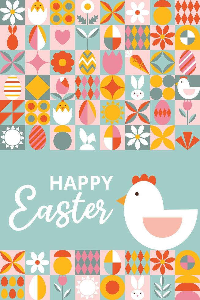 Bright greeting card for Happy Easter with text. Modern design with geometric shapes. Icons with eggs, bunny, flowers, chicken. Bauhaus style. Template for card, poster, flyer, banner, cover vector