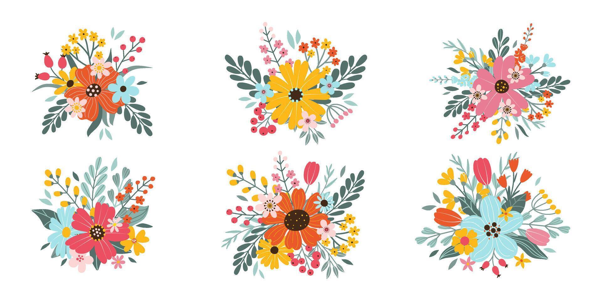 Set isolated beautiful spring or summer bouquets. Cute hand drawn flat vector flowers, leaves, berries. Design elements for decoration greeting card, poster, wedding invitation.