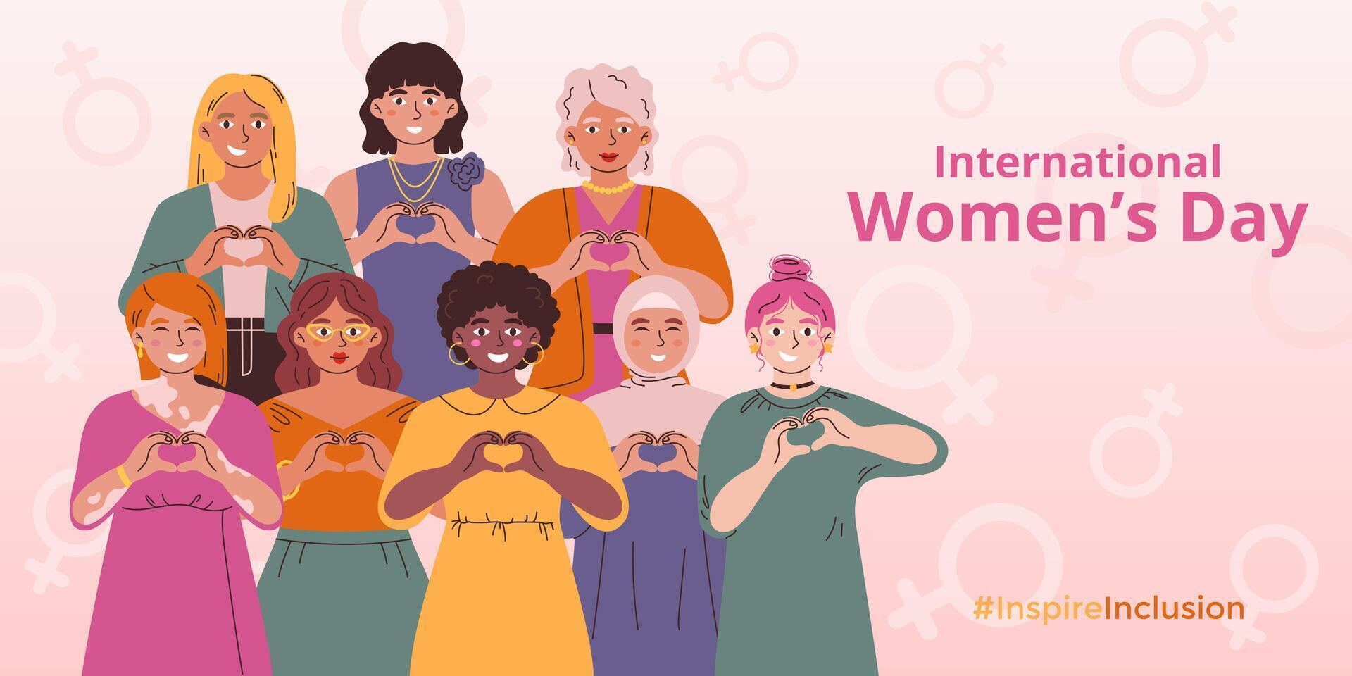 International Women's Day festive poster template. Slogan of Inspire Inclusion. Group of women of various age, ethnicity, clothes, hair and skin colors make a heart gesture. Flat vector illustration.