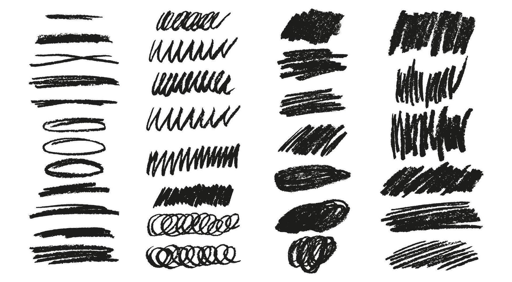 Set isolated black crayon stroke lines and scribbles. Grunge chalk sketch collection. Hand drawn vector pencil lines and doodles. Abstract charcoal daub. Rough crayon strokes.