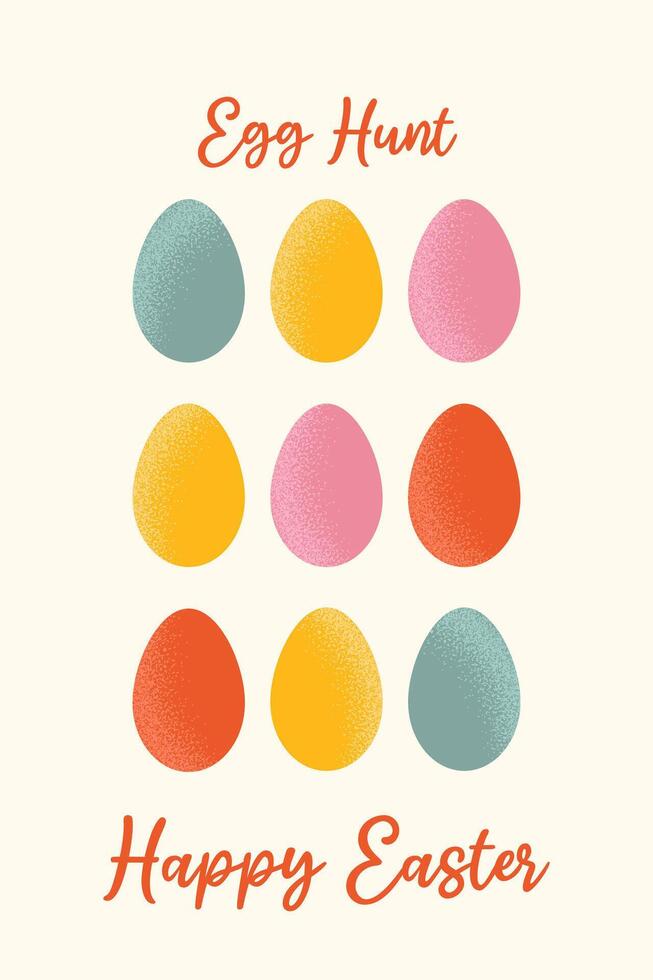 Creative concept for card, invitations, advertising, sale for Happy Easter. Festive poster with pattern colorful eggs and typography. Ovate geometric forms with dust textures. vector