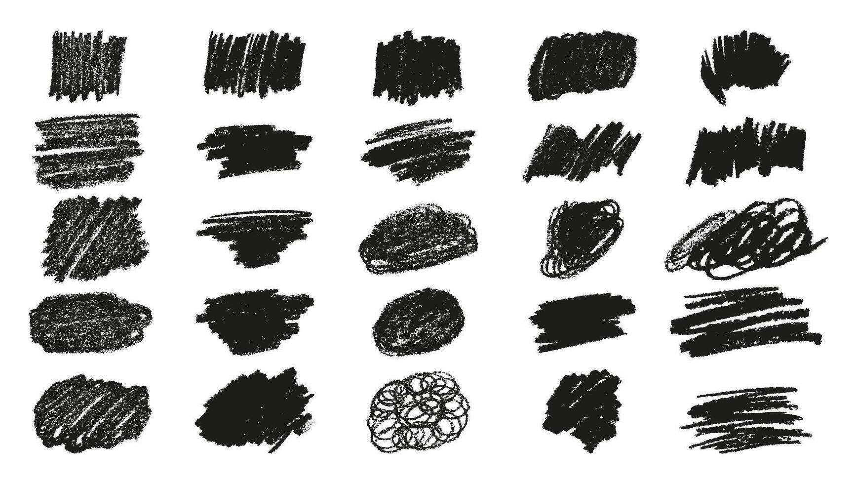 Set black wax crayon spots isolated on white background. Grunge chalk sketch collection. Hand drawn vector pencil stroke lines and doodles. Abstract charcoal children daub. Rough edges.