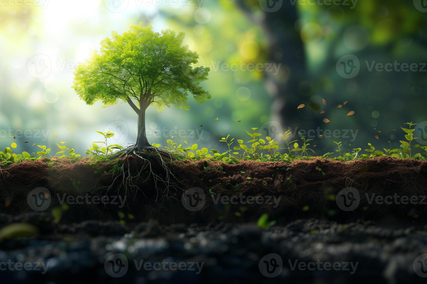 AI generated An artistic representation of the tree of life with its roots exposed in a cross-section of the earth, symbolizing growth and stability. photo