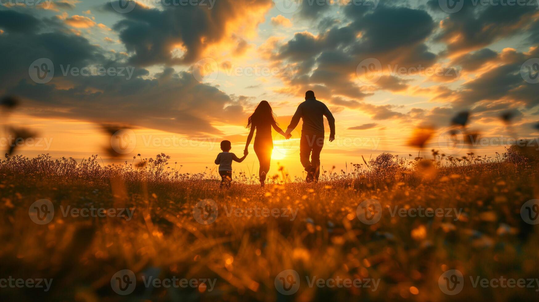 AI generated A heartwarming scene of a family holding hands and walking through a golden field, with the setting sun casting a warm glow over the idyllic landscape. photo