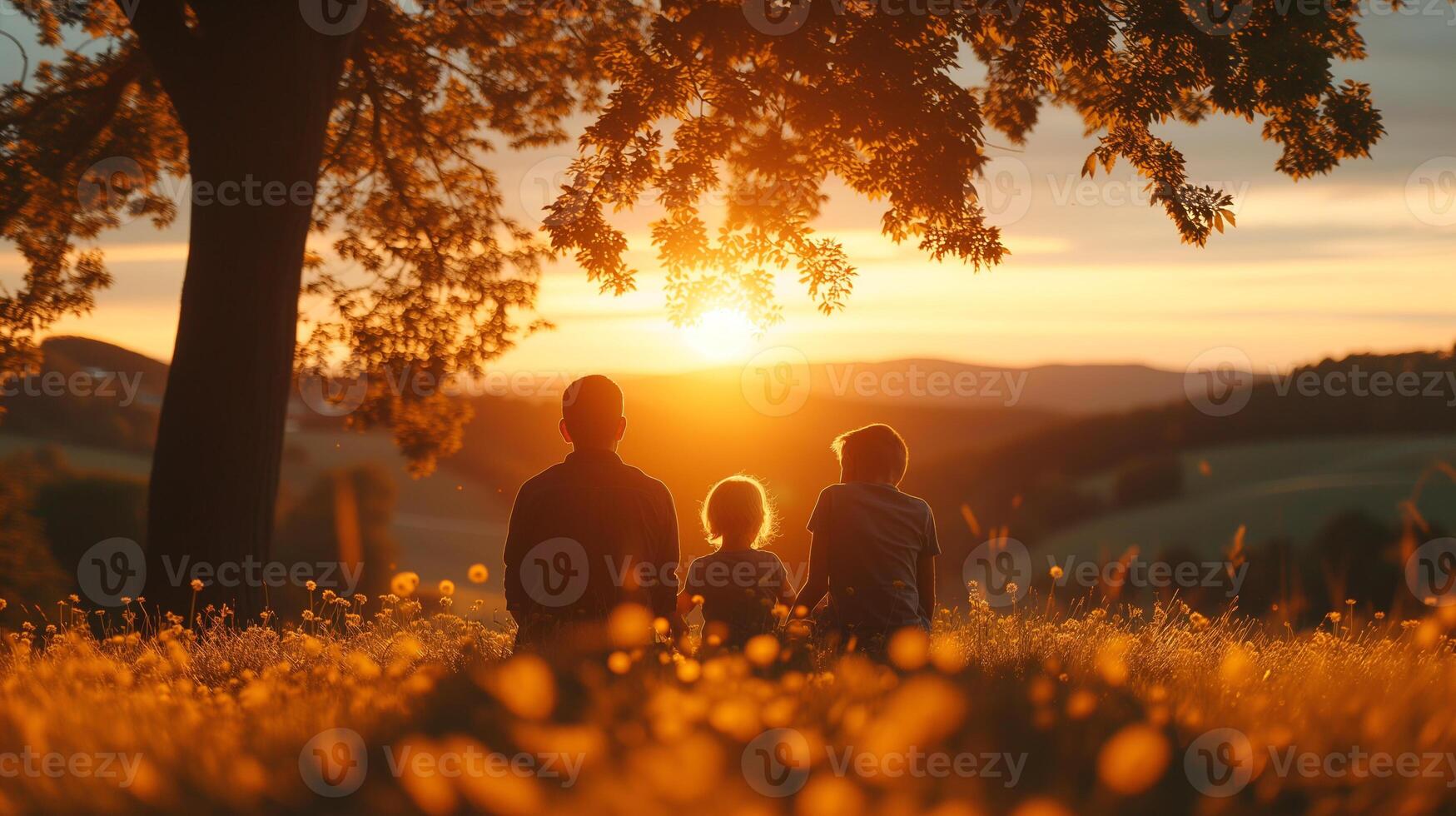 AI generated A silhouette of a family of three enjoying a serene sunset in a field of dandelions, with the golden sun casting a warm light over the rolling hills. photo