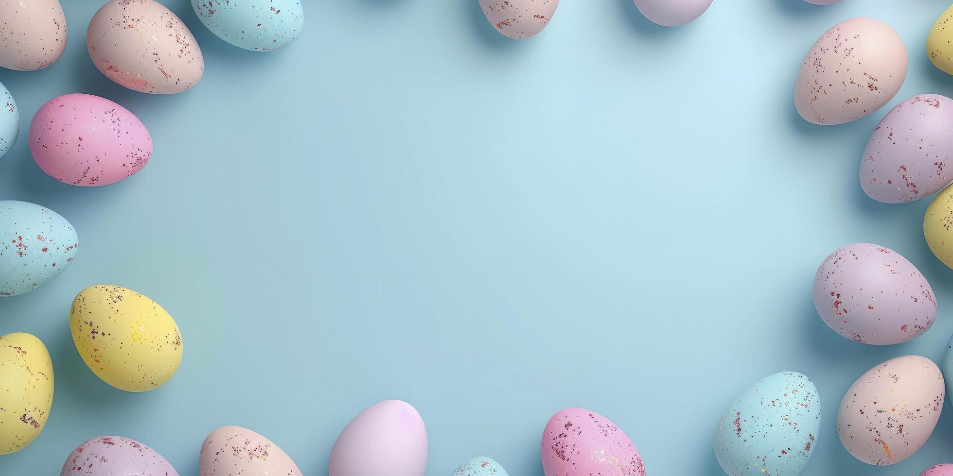 ai generado Pascua de Resurrección huevos en abundancia, color pastel huevos adornar el parte superior y abajo, creando un festivo marco para un grande vacío espacio, conjunto en contra un mínimo pastel azul antecedentes foto